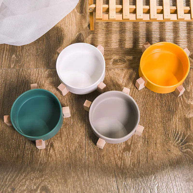 Ceramic Pet Bowl with Wooden Stand