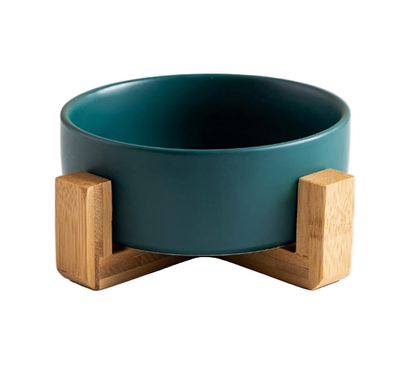 Ceramic Pet Bowl with Wooden Stand